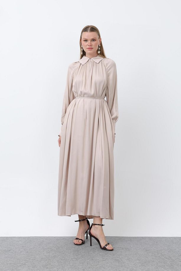 Kadın Önü Fermuar Drape Detaylı Bağcıklı Elbise - 12607ELB - BEIGE - 1