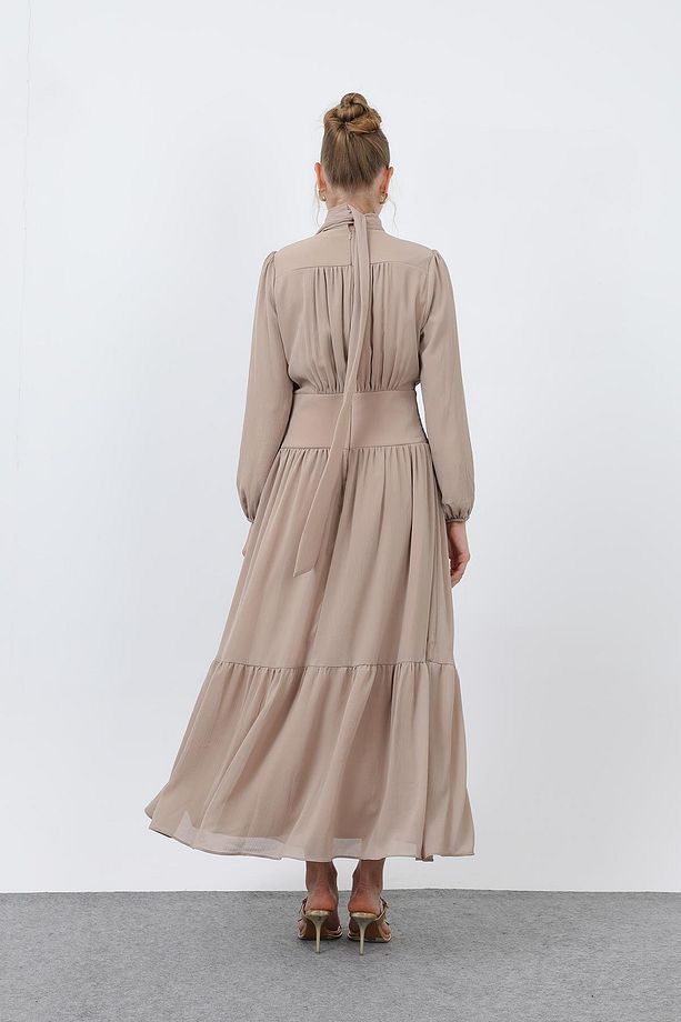 Kadın Drape Detaylı Yüksek Yaka Elbise - 12613ELB - BEIGE - 5