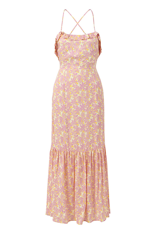Women's Pink Strappy Floral Printed Long Dress