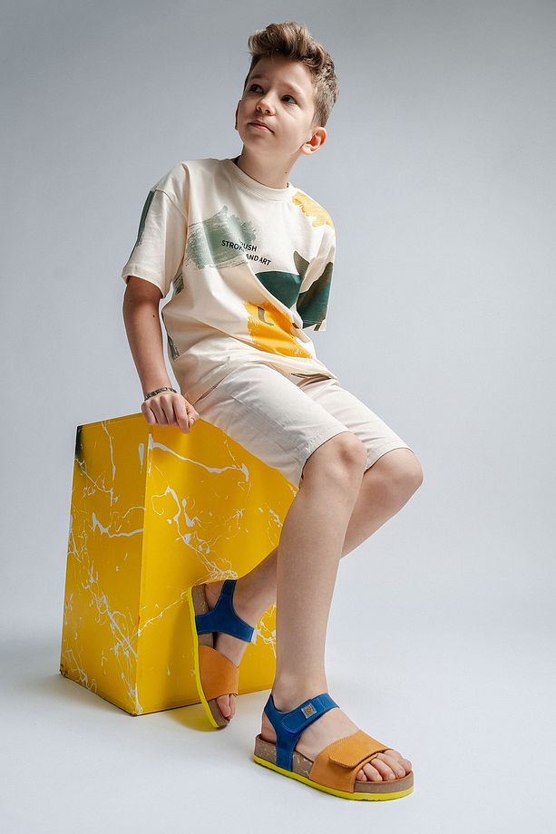 Unisex Çocuk Sarı-saks Hakiki Deri Mantar Tabanlı Günlük Çocuk Sandalet - 3
