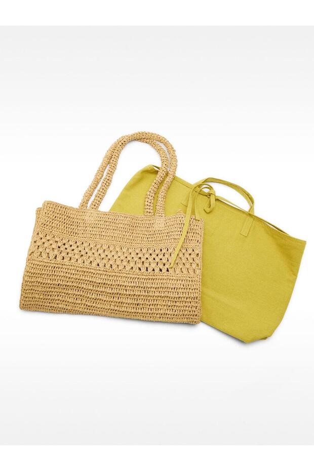 Hasır Görünümlü Örgü Detaylı Shopper Çanta. - 5