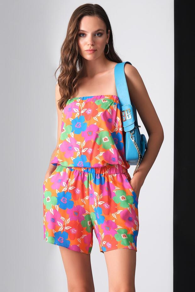 Desenli Straplez Kısa Tulum - 1