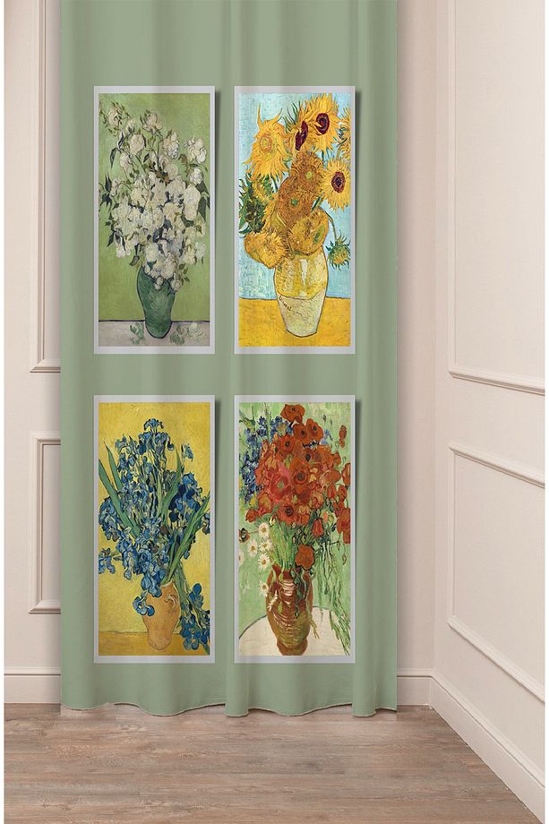 Van Gogh Ayçiçeği Papatya Gelincik Çiçekler Özel Tasarım Dijital Baskılı (Tek Kanat) Sanat Fon Perde - 1