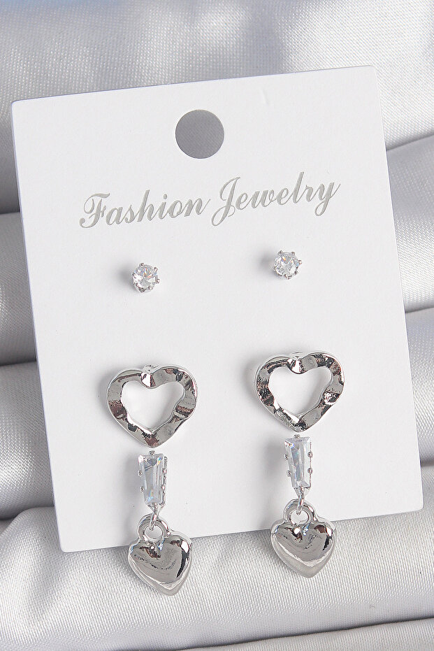 Brass Silver Color Zircon Stone Detailed Dangle Model 2 Pairs Women's Earring Set Tj-Bkp10595
