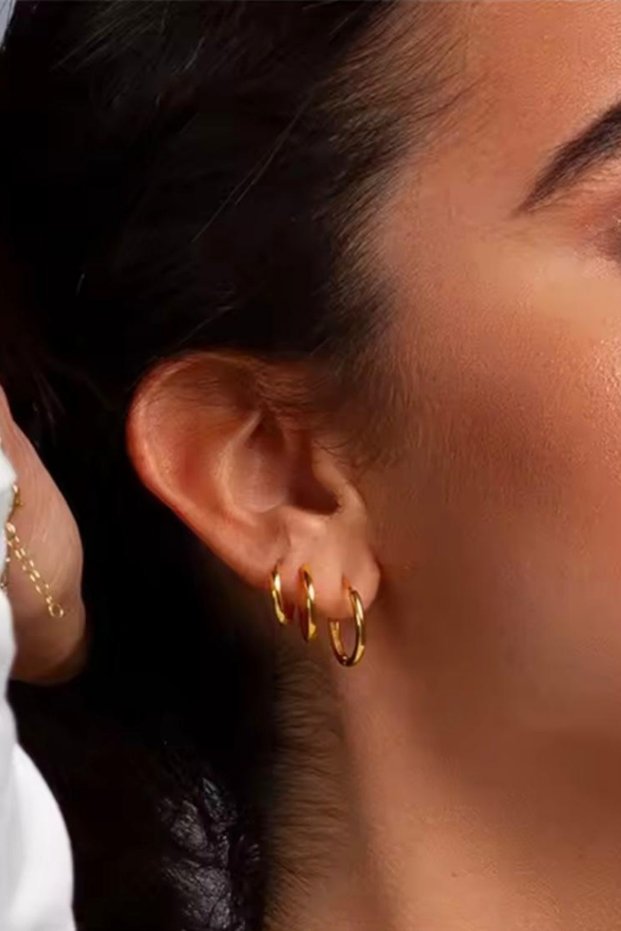Gold Color Hoop Earring Set |   3-Piece Minimal Earrings |   316L Surgical Steel |   Water Resistant |   Unisex Jewelry