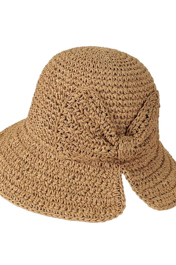 Camel El Örgüsü Fiyonklu Hasır Şapka BCNSV-2514527 - 2