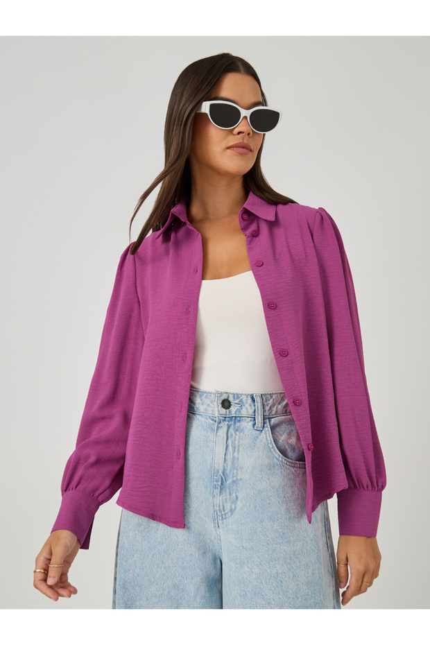 Pink Solid Long Sleeve Blouse - 1