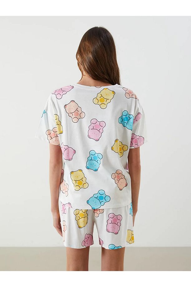 LCW Young Ekru Bisiklet Yaka Desenli Kadın Şortlu Pijama Takımı - 4