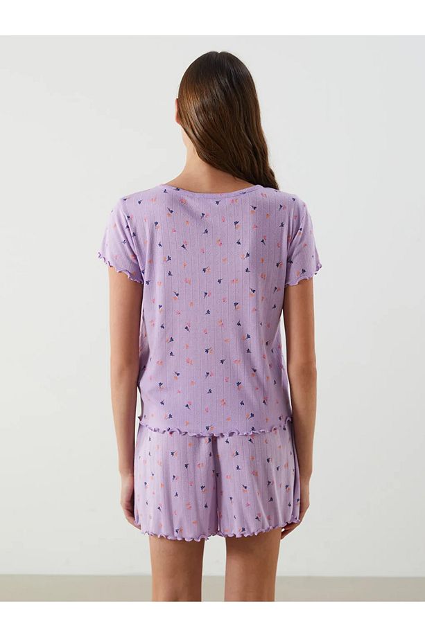 LCW DREAM Lila V Yaka Çiçekli Kadın Şortlu Pijama Takımı - 4