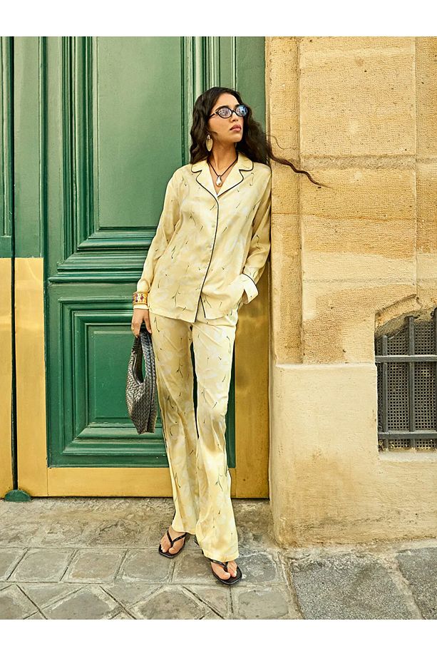 LCW DREAM Sari Gömlek Yaka Desenli Kadın Pijama Takımı - 4