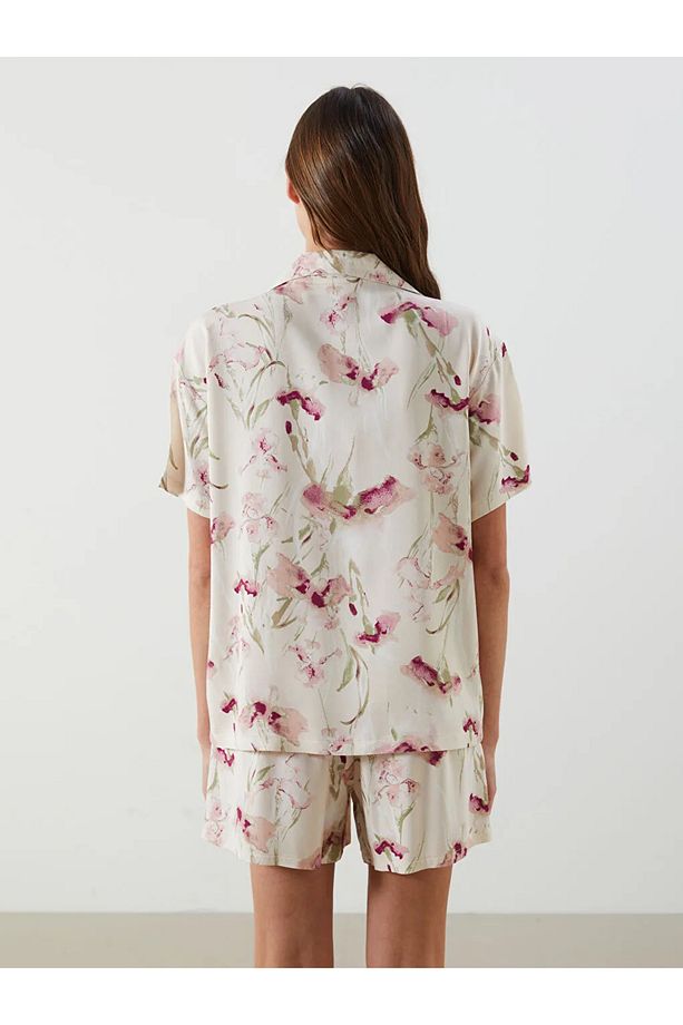 LCW DREAM Ekru Gömlek Yaka Çiçekli Kadın Şortlu Pijama Takımı - 4