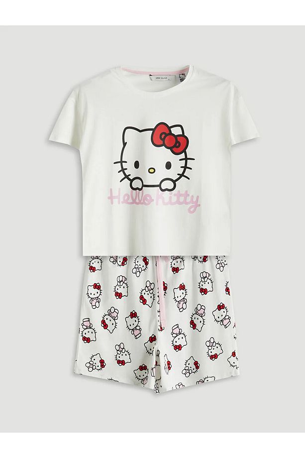 LCW Young Ekru Hello Kitty Baskılı Kadın Şortlu Pijama Takımı - 1