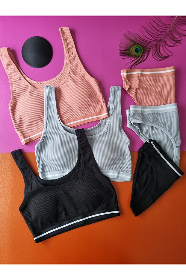 Camisole Fabric 3-Piece Black, Dusty Rose, Blue Color Pad Bra Panty Set