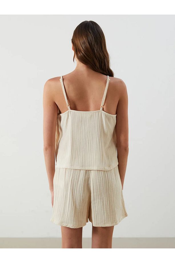 LCW DREAM Bej V Yaka Dokulu Kadın Şortlu Pijama Takımı - 4