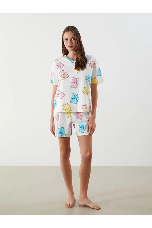 LCW Young Ekru Bisiklet Yaka Desenli Kadın Şortlu Pijama Takımı - 2