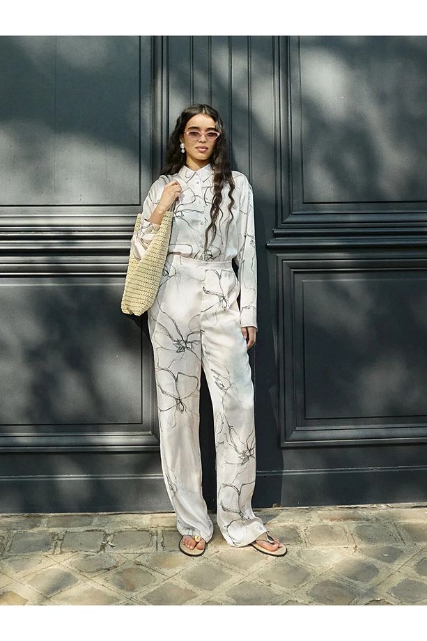 LCW DREAM Ekru Gömlek Yaka Çiçekli Kadın Pijama Takımı - 4