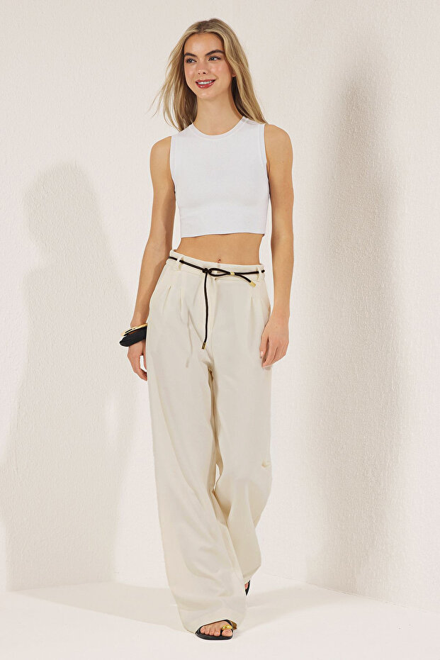 Beyaz Wide Leg/Geniş Paça Kemerli Pantolon TWOSS25PL00114 - 3