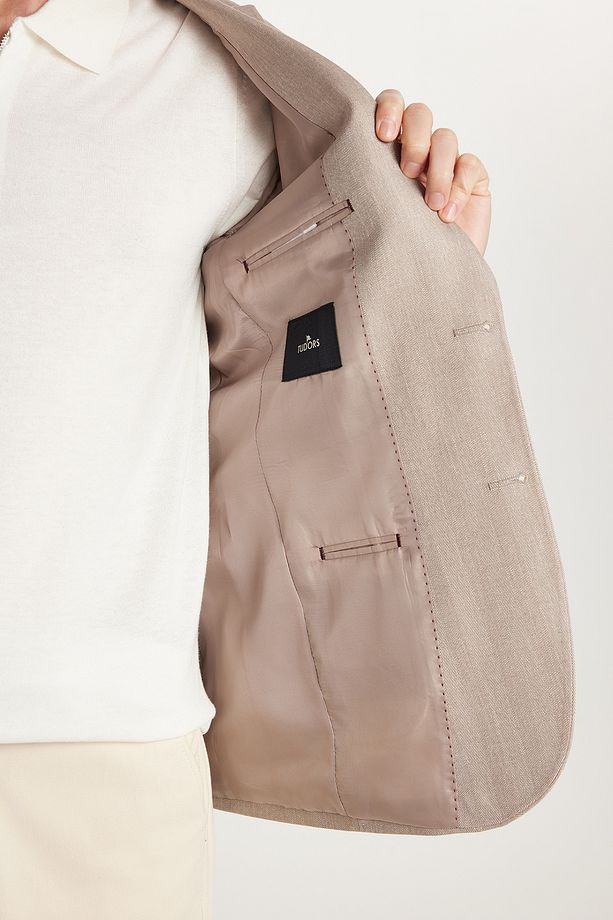 Erkek Slim Fit Mono Yaka Çift Yırtmaçlı Casual Bej Tek Ceket - 4