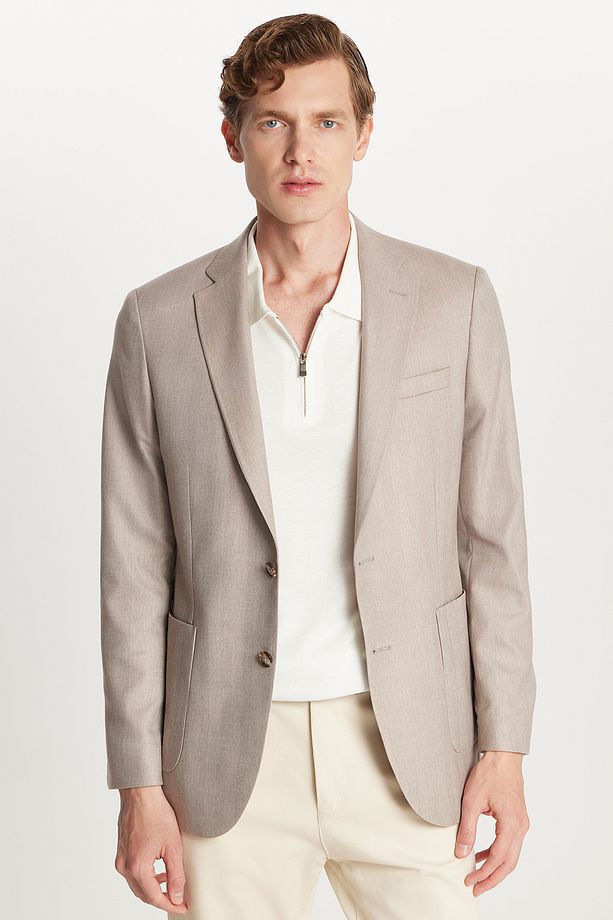 Erkek Slim Fit Mono Yaka Çift Yırtmaçlı Casual Bej Tek Ceket - 2