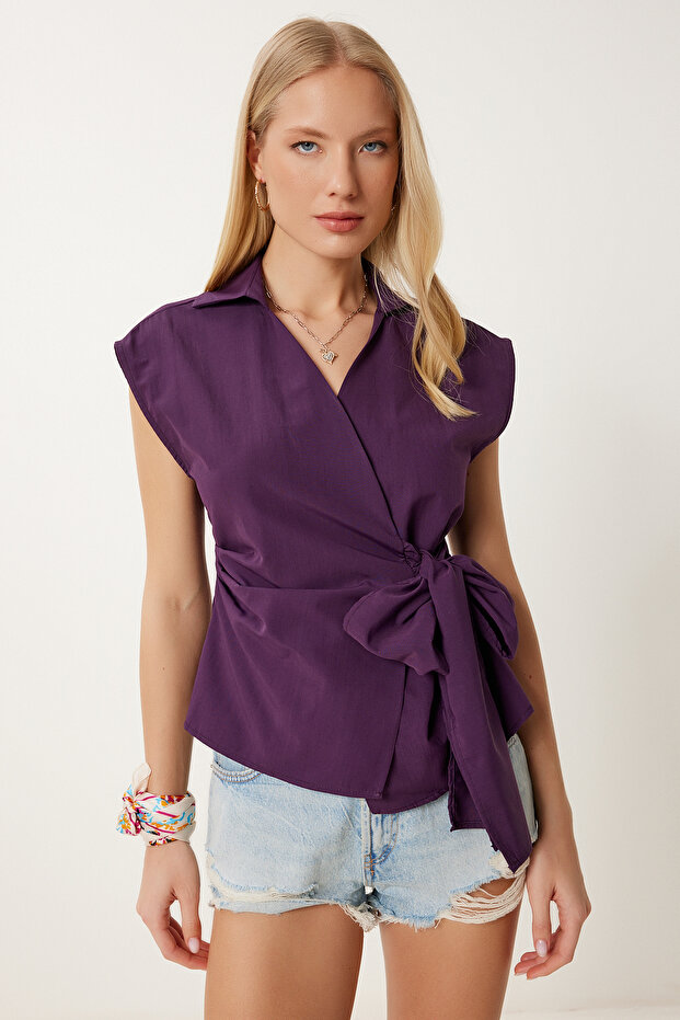 Women's Plum Shirt Collar Wrap Poplin Blouse Hf00467