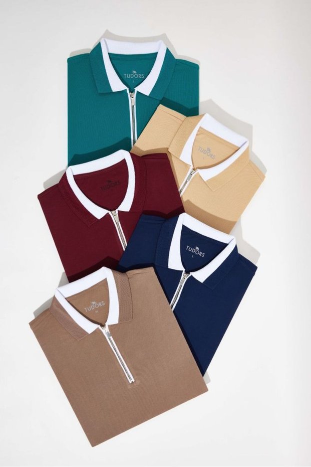 Men's 5-Pack Navy Blue-Cherry-Mink-Green-Sand Slim Fit Cotton Plain Zipper Pique Polo Neck T-Shirt