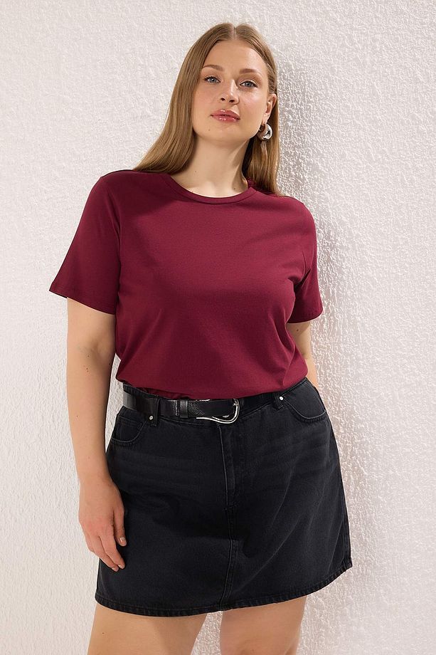 Bordo Regular Fit Basic Bisiklet Yaka %100 Pamuk Örme Büyük Beden T-Shirt TBBSS22TS0733 - 2