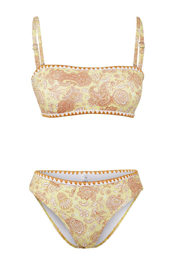 Şal Desen Nakışlı Straplez Kaplı Regular Normal Bel Bikini Takımı TBESS25BT00138 - 5