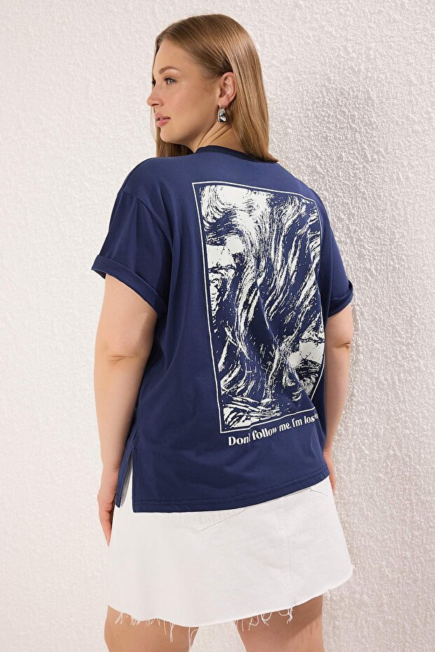 Lacivert Sırt Baskılı Büyük Beden T-shirt TBBSS25BF00081 - 2