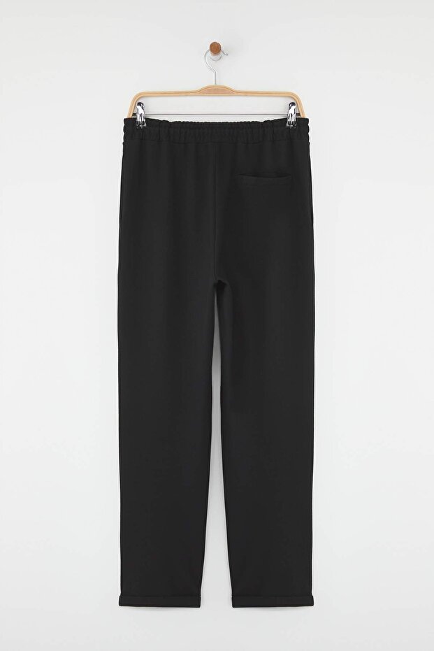 Siyah Regular Fit Örme Esnek Rahat Beli Bağlamalı Lastikli Duble Paça Pantolon TMNAW25PL00002 - 9