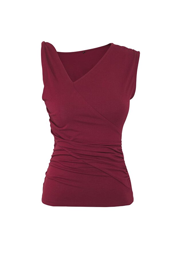 Bordo Kol Burgu Detaylı Büzgülü Asimetrik Yaka Esnek Örme Bluz TWOSS25BZ00569 - 6