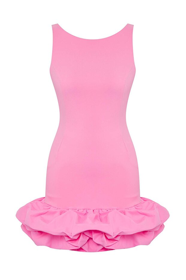 Pembe Balon Etek Detaylı İçi Şort Astarlı Dokuma Kısa Elbise TPRSS25EL00059 - 7