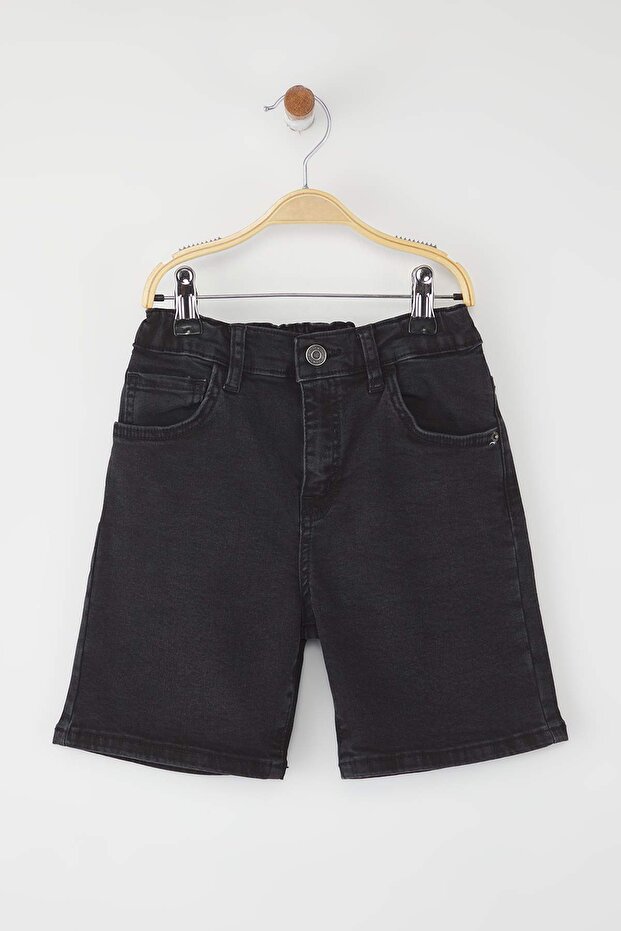 Siyah Erkek Çocuk %100 Pamuk Basic Lastikli Denim Şort TKDSS25SR00026 - 2