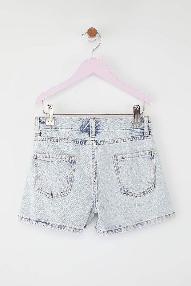 Mavi Kız Çocuk 1 Pamuk 23 Nisan Kiraz Nakışlı Lastikli Denim Şort & Bermuda TKDSS25SR00036 - 5