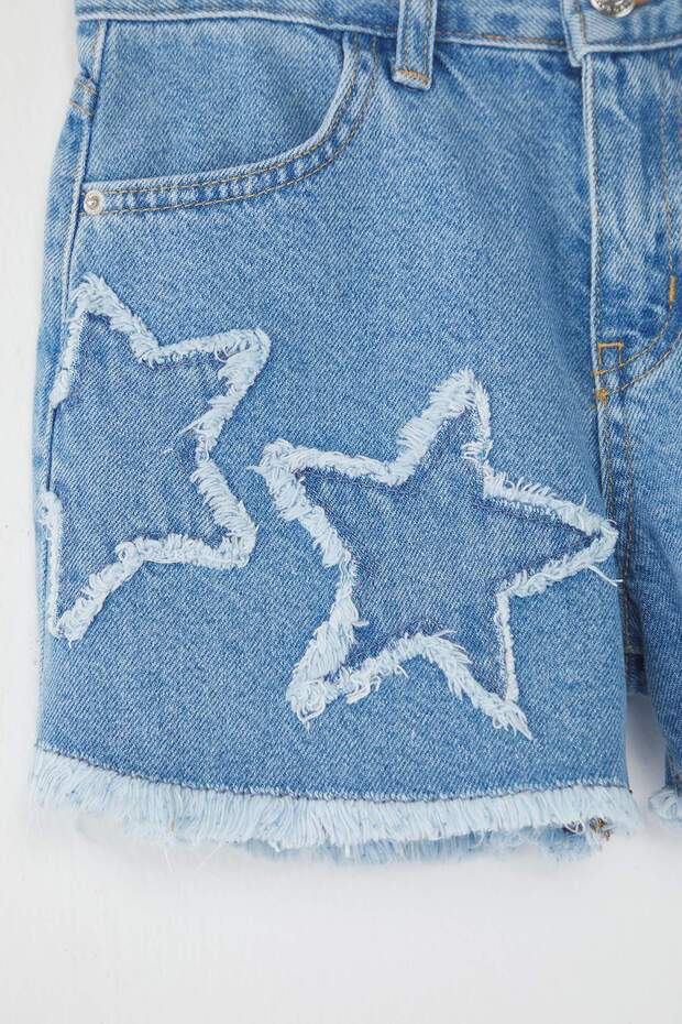 Açık Mavi Kız Çocuk 1 23 Nisan PamukYıldız Detaylı Lastikli Denim Şort & - 6