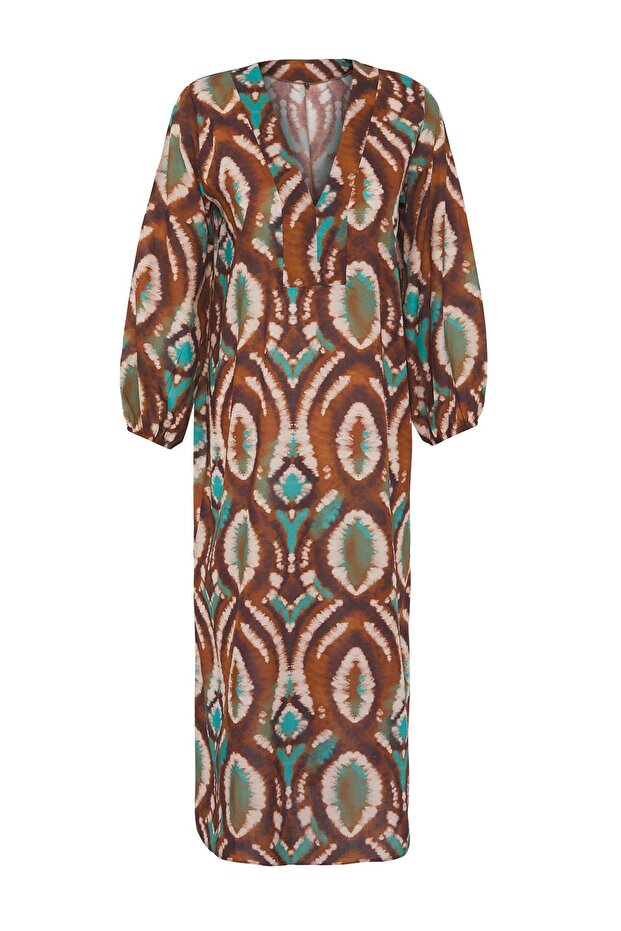 Batik Desenli Dokuma %100 Pamuk Maxi Plaj Elbise TBESS25EL00019 - 5