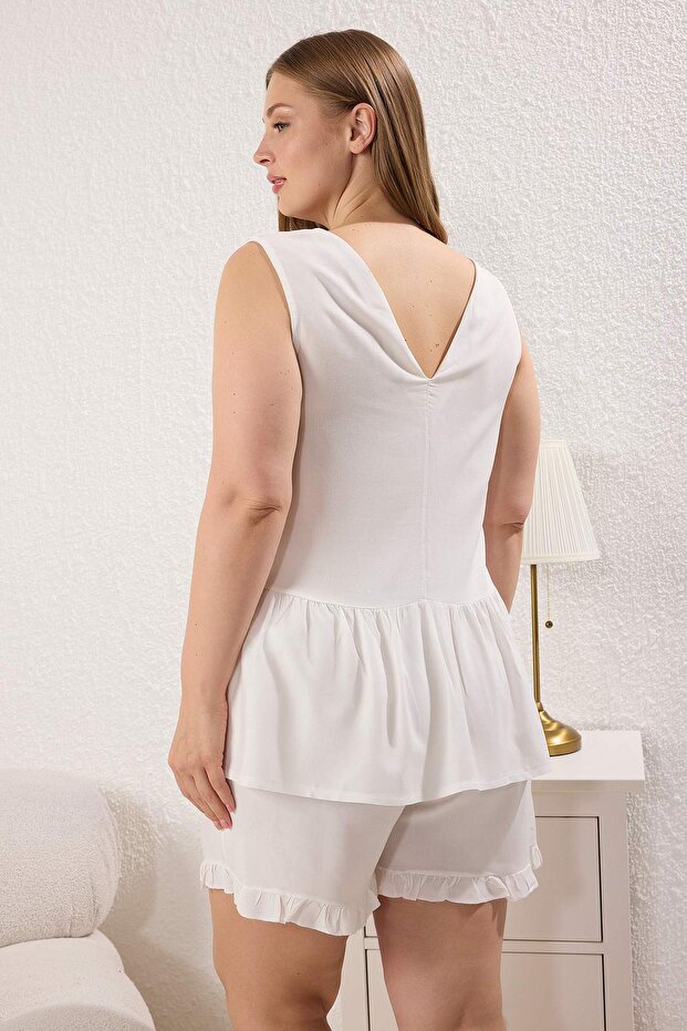 Ekru Fırfır ve Bağlama Detaylı Dokuma Pijama Takımı TBBSS25AI00099 - 4