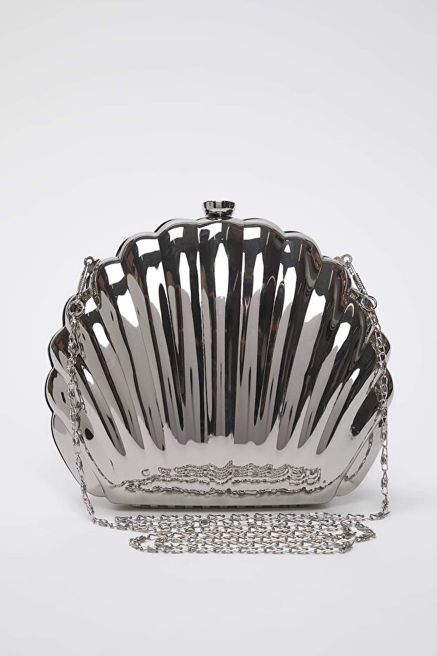 Metalik Gümüş Deniz Kabuğu Abiye Kadın Şık Mini Boy Clutch El Çantası TAKSS25OC00063 - 3