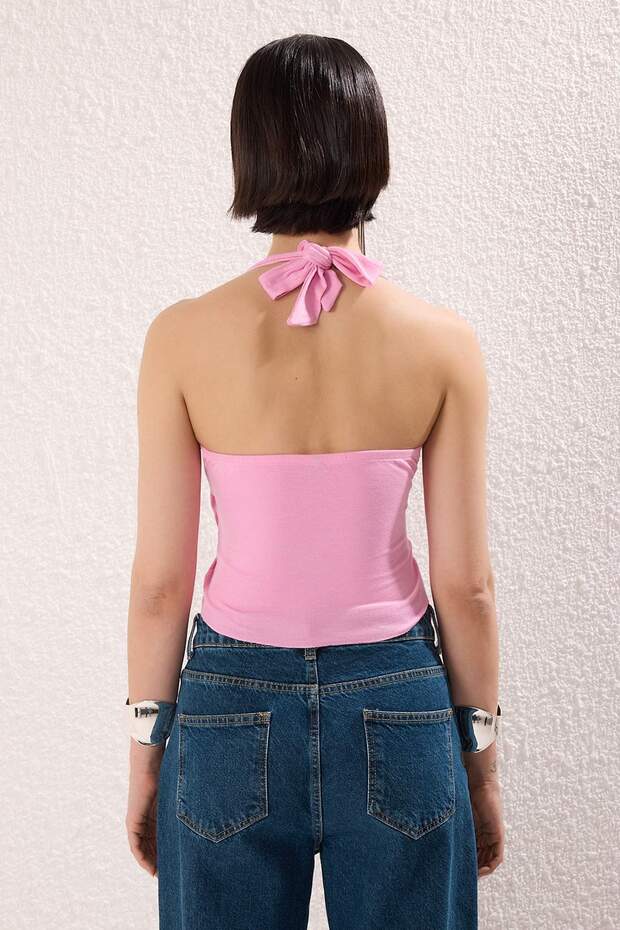Açık Pembe Kruvaze Yaka Aksesuar Detaylı Örme Party Bluz TPRSS25BZ00048 - 5