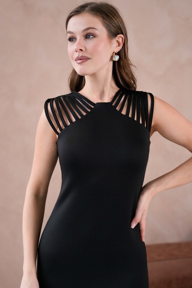 Women's Black Diver Fabric Piping Design Sleeveless Midi Pencil Dress 2387