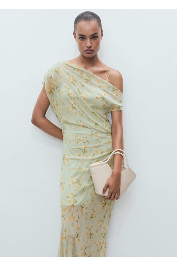 Yarı Saydam Drape Çiçekli Elbise - 1