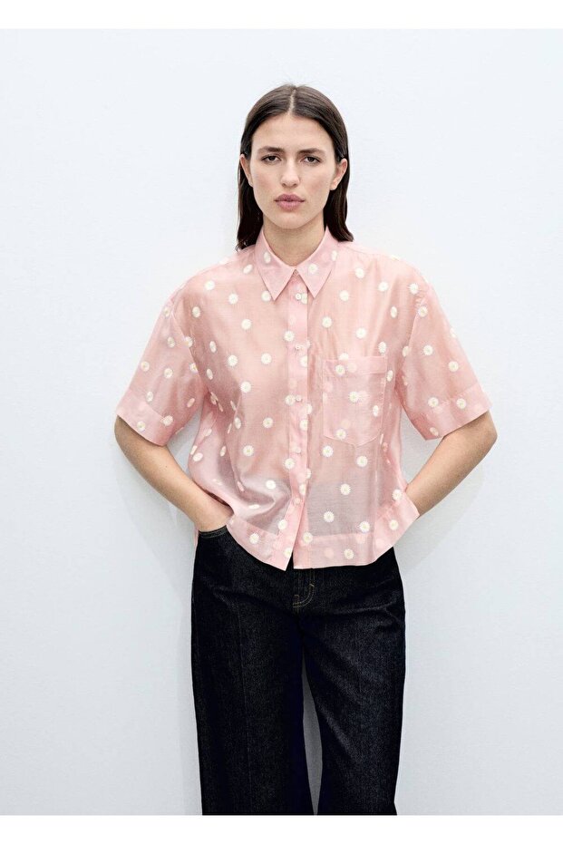 Çiçek İşlemeli Lyocell Gömlek - 1
