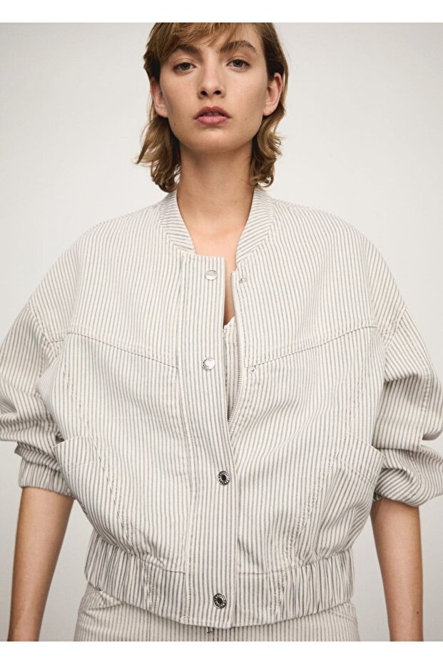 Çizgili denim mont