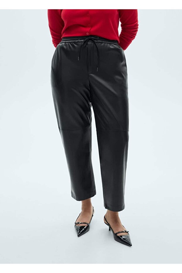 Deri görünümlü elastik belli pantolon - 8