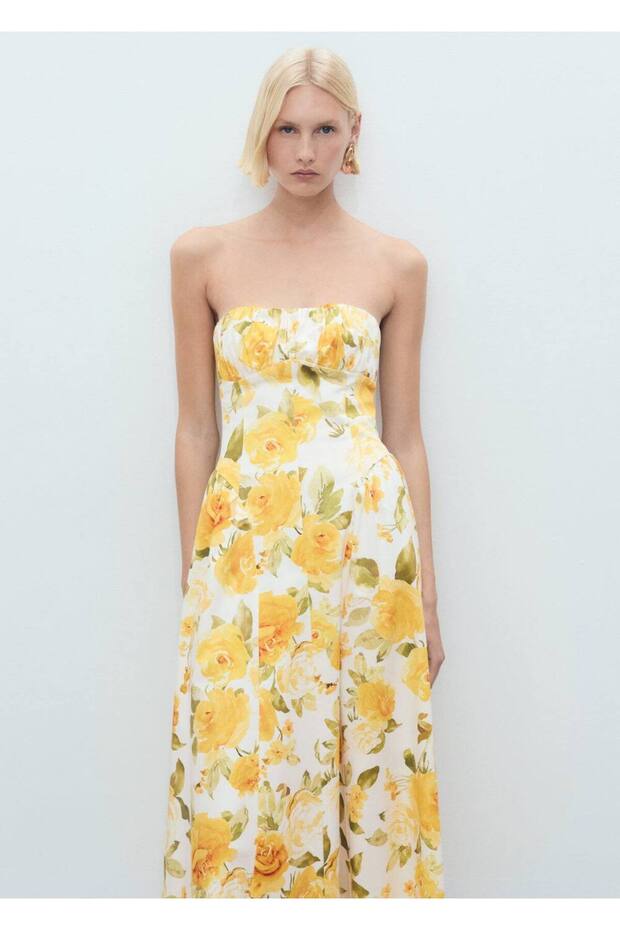 Büzgülü çiçekli midi elbise - 1