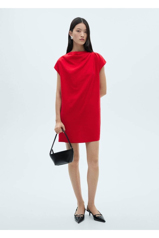 Yakası drape keten elbise - 2