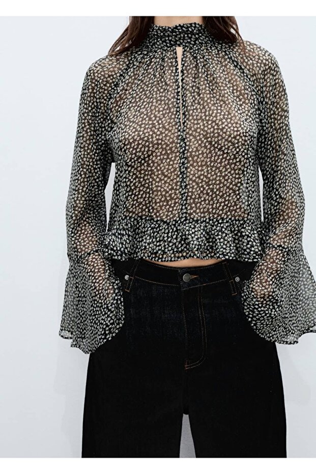 Çiçek desenli volanlı bluz - 6