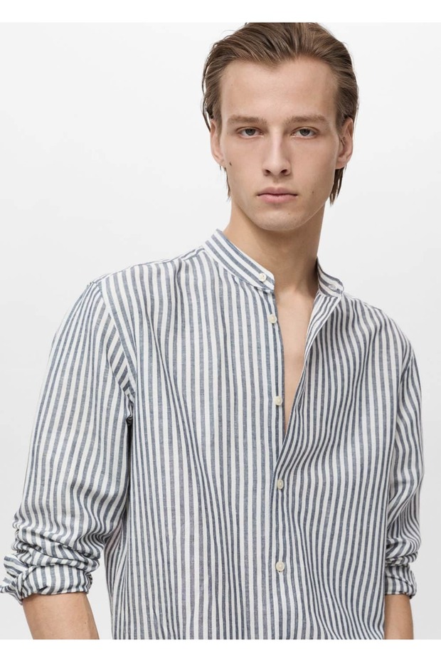 Rahip yaka çizgili keten gömlek - 5