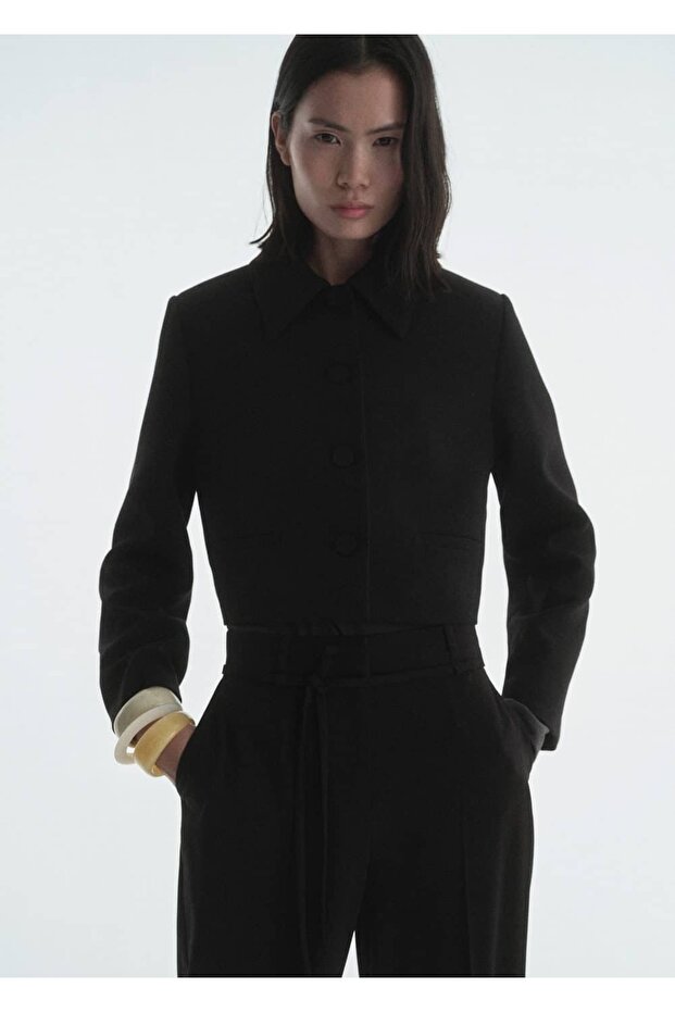 Yakalı crop ceket - 1