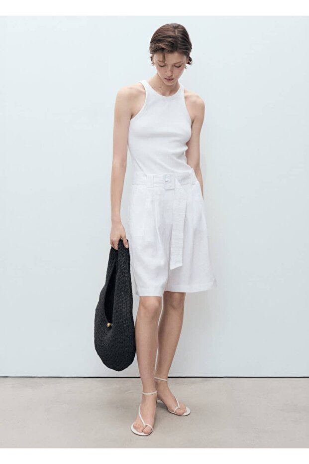 Keten karışımlı kemerli bermuda şort - 2