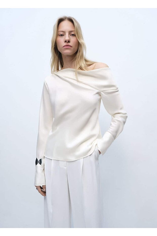 Drape yakalı saten bluz - 1